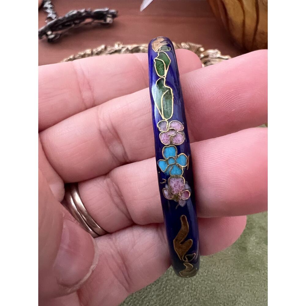 Vintage Cloisonne Enamel Bangle Bracelet Blue Cobalt Floral Flowers